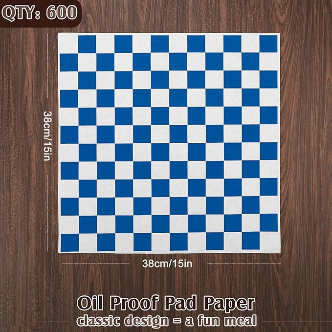 Honeydak 600 Pcs Sandwich Wrapping Paper Sheet 15x15 Checkered Food Wax Sheets Parchment Paper Basket Liner Grease Restaurant Wedding Party Supplies for Wrapping Bread Burgers(Blue)