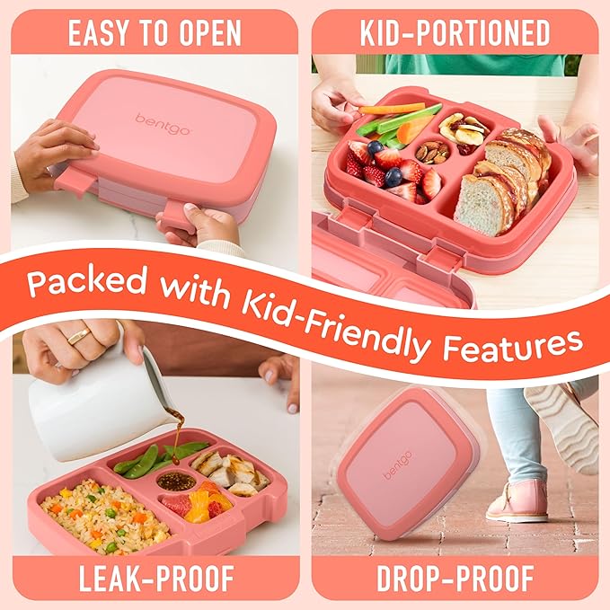Bentgo Kids Bento-Style 5-Compartment Leak-Proof Lunch Box - Ideal Portion Sizes for Ages 3 to 7 - Durable, Drop-Proof, Dishwasher Safe, BPA-Free, & Made with Food-Safe Materials (Coral)
