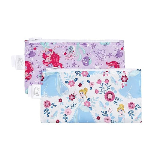 Bumkins Disney Reusable Snack Bags, for Kids School Lunch and for Adults Portion, Washable Fabric, Waterproof Cloth Zip Bag, Supplies Travel Pouch, Food-Safe, 2-pk Princess
