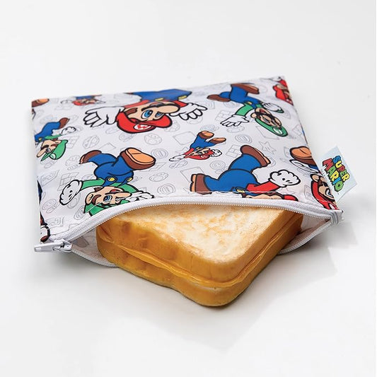 Bumkins Nintendo Reusable Sandwich and Snack Bags, for Kids School Lunch and for Adults Portion, Washable Fabric, Waterproof Cloth Zip Bag, Travel Pouch, Food-Safe, Large, Mario and Luigi