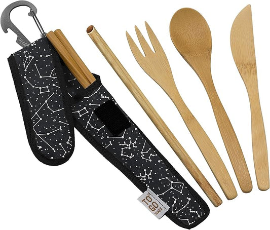 Premium Reusable Bamboo Utensil Travel Set | Includes Fork, Knife, Spoon, Chopsticks, & Carabiner Clip | Made from Sustainable Materials | Eco-Conscious | Constellation (Pack of 1)