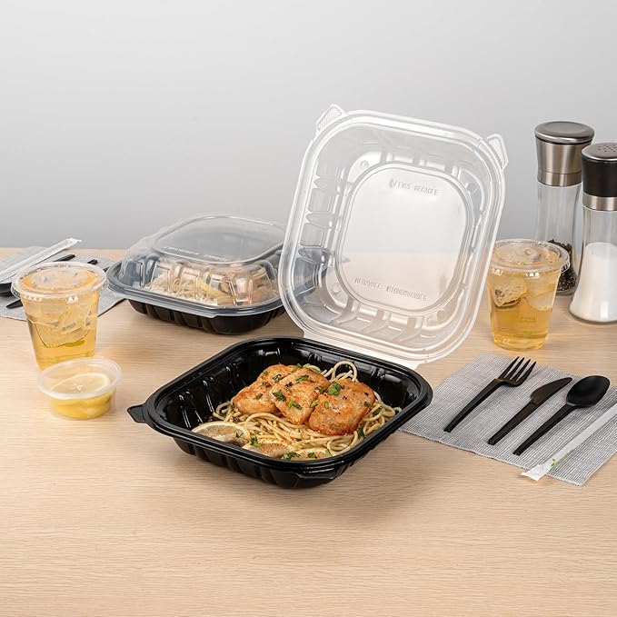 Restaurantware Thermo Tek 40 Ounce Clamshell Containers, 50 Disposable Take Out Boxes - Ventilated Lids, Microwavable, Black Plastic Meal Prep Containers, For Pastas, Salads, Or Sandwiches
