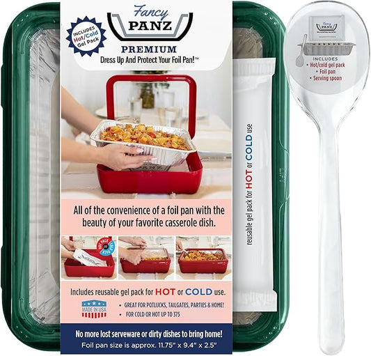 Fancy Panz Premium, Serving Tray for Food, Made in the USA Foil Pan Carrier, Stackable Aluminum Pan Holders, Travel Casserole Carrier, Green