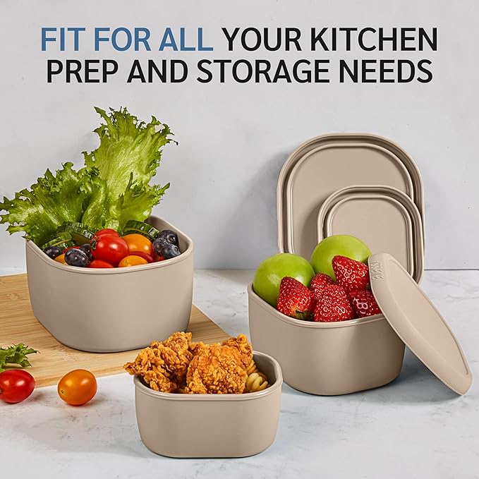 ISSEVE 6Pcs/Set Nesting Silicone Food Storage Containers with Lids, BPA Free Reusable Meal Prep Silicone Containers Lunch Box Bento Box Set (33.8oz, 20oz, 10oz, 6.7oz, 1.3oz) (Beige)
