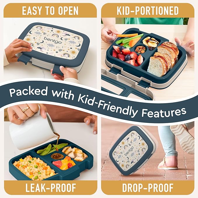 Bentgo Kids Prints Leak-Proof, 5-Compartment Bento-Style Kids Lunch Box - Ideal Portion Sizes for Ages 3-7, Durable, Drop-Proof, Dishwasher Safe, & Made with BPA-Free Materials (Friendly Skies)