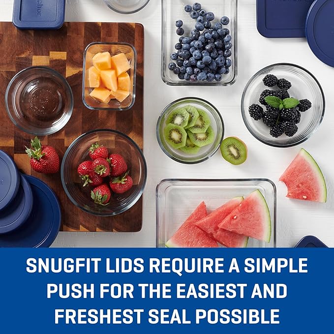 Anchor Hocking 16 Piece Glass Storage Containers with Lids (8 Glass Food Storage Containers & 8 Navy Blue SnugFit Lids)