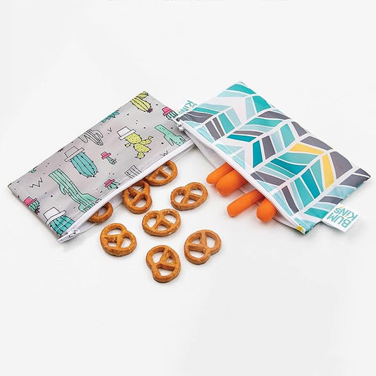 Bumkins Reusable Snack Bags, for Kids School Lunch and for Adults Portion, Washable Fabric, Waterproof Cloth Zip Bag, Supplies Travel Pouch, Food-Safe Storage, 2-pk Cactus and Quill