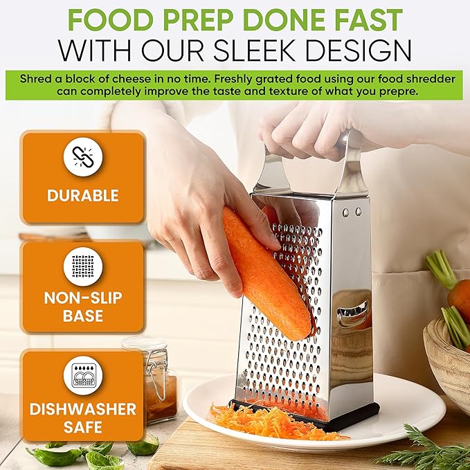 Spring Chef 4 Sided Large Box Grater with Handle & Stainless Steel Magnetic Measuring Cups & Spoons Set of 15 with Leveler, Multicolor- 2 Product Bundle