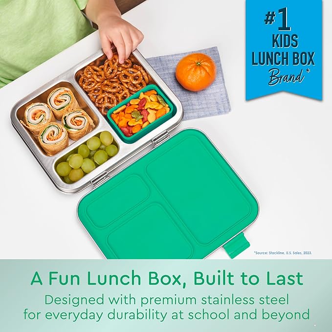 Bentgo Kids Stainless Steel Leak-Resistant Lunch Box - 3-Compartments with Bonus Silicone Container, Durable, Eco-Friendly, Dishwasher Safe, BPA-Free, Ideal for School, Ages 3+ (Green)