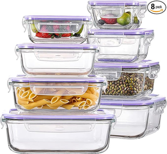 HOMBERKING 8 Pack Glass Food Storage Containers with Lids, Meal Prep Containers, Airtight Bento Boxes with Leak Proof Locking for Microwave, Oven, Freezer and Dishwasher, BPA Free, 5-35oz, purple