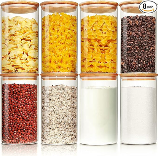 Glass Jars with Bamboo Lids 30 floz [Set of 8], Glass Canisters with Airtight Lids, Glass Food Storage Containers for Pasta, Oats, Coffee, Flour, Sugar, Rice, Best for Kitchen & Pantry