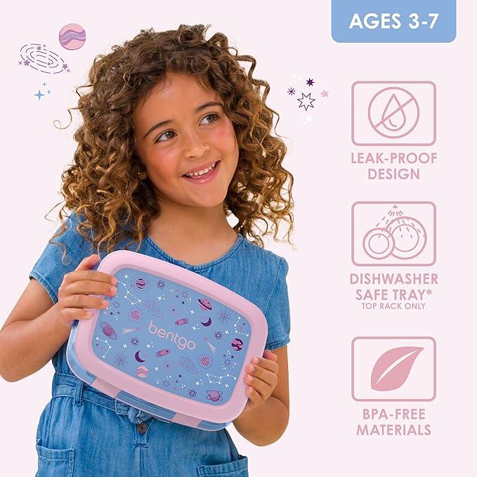 Bentgo Kids Prints Leak-Proof, 5-Compartment Bento-Style Kids Lunch Box - Ideal Portion Sizes for Ages 3-7, Durable, Drop-Proof, Dishwasher Safe, & Made with BPA-Free Materials (Lavender Galaxy)