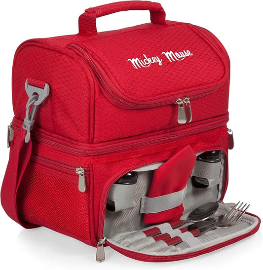 PICNIC TIME Disney Mickey Mouse Pranzo Lunch Bag, Insulated Lunch Box with Picnic Set, Lunch Cooler Bag, (Red)