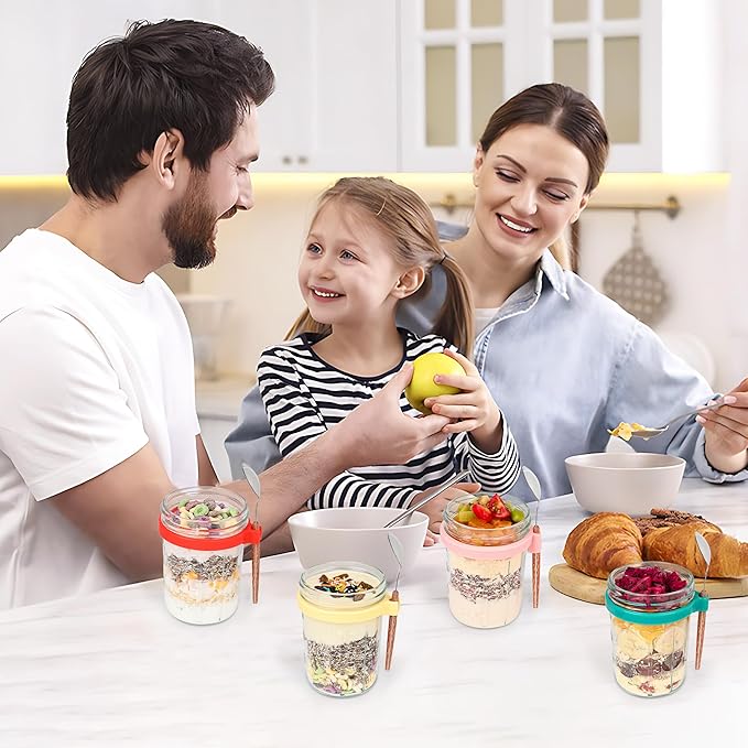 6 Pack Overnight Oats Containers with Lids and Spoons-18 Oz Overnight Oats Jars Mason Jars for Chia Pudding Cereal Fruit Vegetable Milk Salad Yogurt Meal Prep