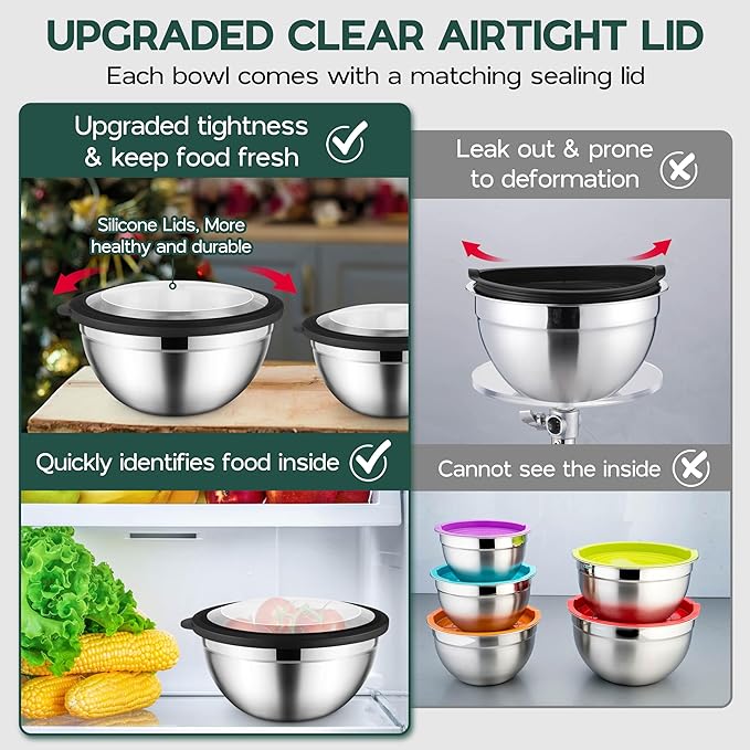Stainless Steel Mixing Bowls with Black Lids Metal Nesting Mixing Bowl Set of 5 - Size 1.5, 2, 2.6, 3.5, 4.6QT