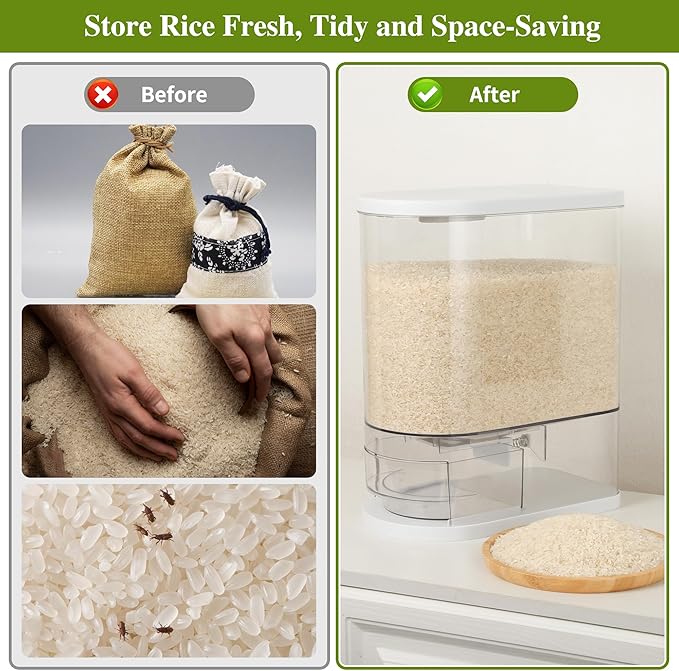 Rice Dispenser, 22 Lbs Rice Storage Container with Measuring Cup, BPA-Free Rice Holder for Kitchen Pantry Organization (Clear, 22lb)
