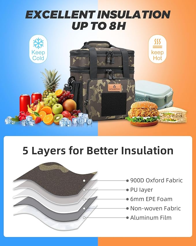 Expandable XLarge Tactical Lunch Box for Adults, Waterproof Insulated Lunch Bag with Lots of Storage Space, Durable Cooler Bag for Men Women Work Outdoor Picnic Trips, 22L(Black-Camo), HSHRISH