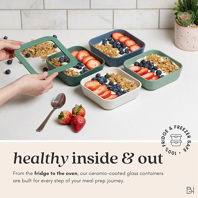 Ceramic Coated Glass Food Storage Container | No PTFE, PFOA, PFAS, and BPA | Reusable Non Toxic Meal Prep Container with Glass Lid | Easy To Store | 6 Piece Food Prep [Willow]