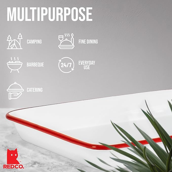 Red Co. 11" x 9" Enamelware Metal Classic 2 Quart Rectangular Serving Tray, Solid White/Red Rim