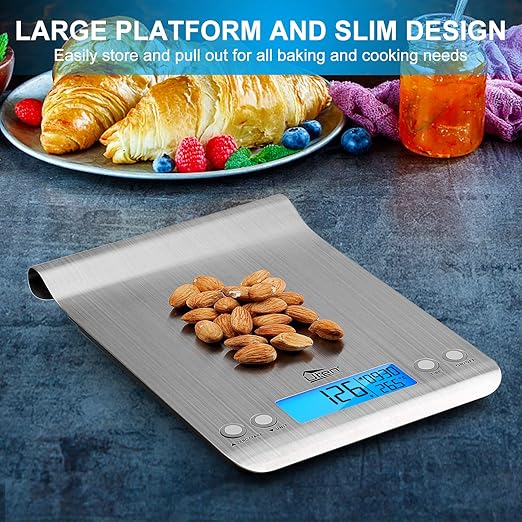 Uten Digital Kitchen Scale for Baking and Cooking, 11lb Ultra Slim Food Scale Grams and Ounces - with Hook Design, LCD Display, Timer