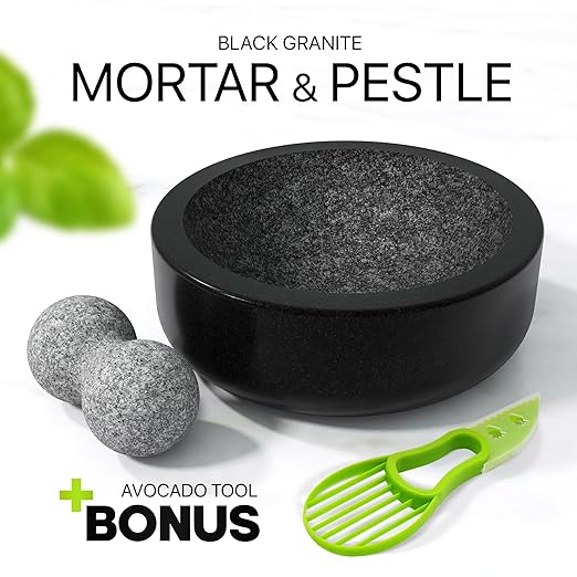 Umien™ Granite Mortar and Pestle Set - 100% Granite - 3.5-Cups - 8-Inch – Avocado Tool Included – Natural Stone Molcajete for Spices, Pestos, & Guacamole (Black) - Stone Grinder - Guacamole