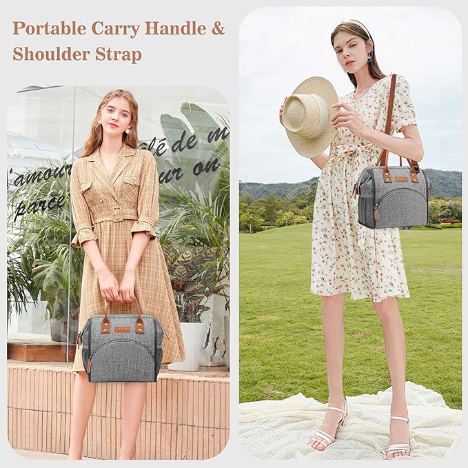 LOKASS Lunch Bag Insulated Lunch Box Wide-Open Lunch Tote Bag Large Drinks Holder Durable Nylon Snacks Organizer with Removable Shoulder Strap for Women Men Adults Work Outdoor,Grey