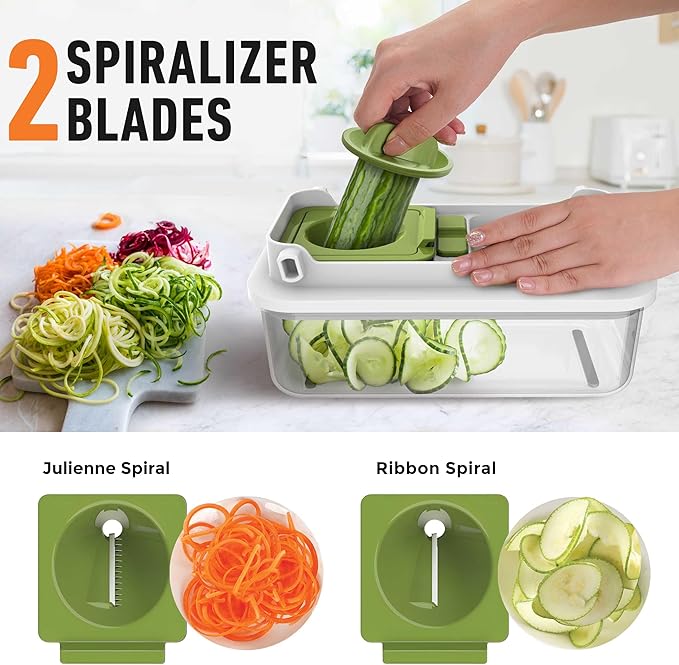 Mueller Pro-Series V Blade Veggie Chopper, Egg Slicer, Spiralizer, Dicer, Cutter, Food Chopper, Gifts for Mom, Kitchen Accessories & Kitchen Essentials with Food Container and Lid White Sand/Green