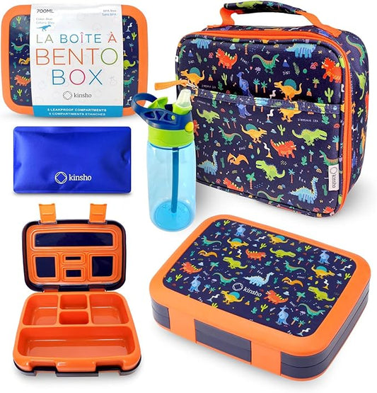 kinsho Bento Lunch Box with Insulated Bag, Water Bottle&Ice Pack Set for Kids Toddlers,5 Portion Sections, BPAFree Removable Tray, PreSchool Kid Toddler Daycare Lunches, Snack Container,Blue Dinosaur