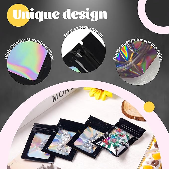 100 Pack Holographic Bags Smell Proof Bags Mylar Bags with Window for Food Storage and Small Business(Black, 2.4×4Inch)