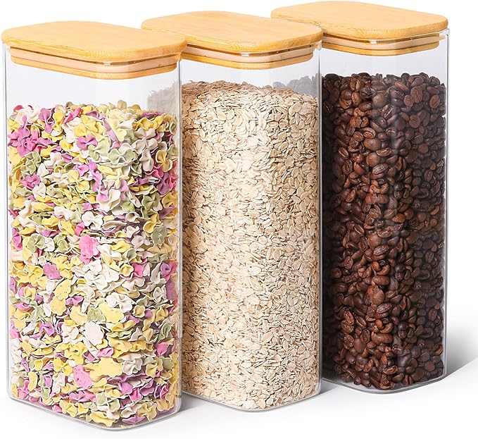 ComSaf 63oz Rectangle Glass Storage Containers with Lids, Glass Jars with Bamboo Lids, Clear Food Jar, Square Canister Set of 3, Pantry Organizers and Storage for Flour Pasta Coffee Bean