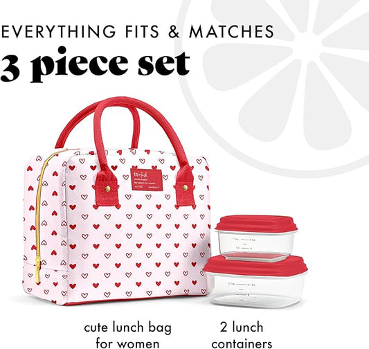 Fit & Fresh Lunch Bag For Women, Insulated Womens Lunch Bag For Work, Leakproof & Stain-Resistant Large Lunch Box For Women With Containers, Zipper Closure Bloomington Lunch Bag, Hearts