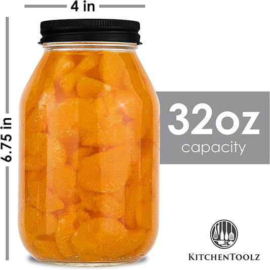 12 Pack of 32oz Mayo Style Glass Mason Jars and Metal Leak Proof Lids for Pickling, Fermenting, Canning and Storing. Containers for Pickles, Kombucha, Preserves, Sauces, Kefir, Fruits