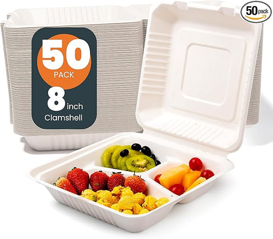 togo Containers Disposable - 50 Pcs 8" x 8" clamshell Take Out Food Containers 100% Compostable, White Biodegradable Meal Prep Box, To Go Containers with Lids for Food (3-Compartment)