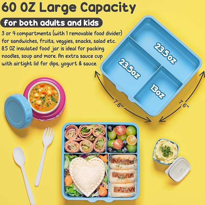Fimibuke Bento Box for Kids with Thermos, 60OZ Bento Lunch Box Container with Leakproof 8OZ Insulated Food Jar, 3-4 Compartments, Sauce Jar, Utensils for Teens Toddler Adult, BPA-Free, Dishwasher Safe