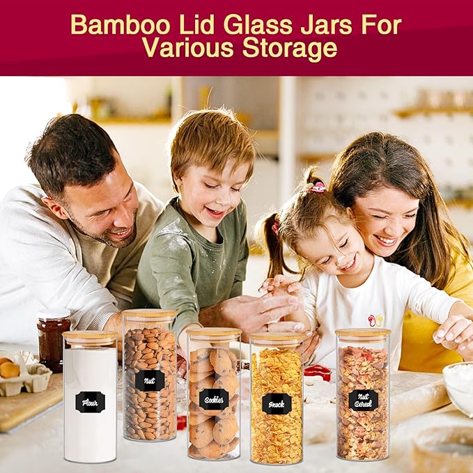 Glass Jars with Bamboo Lids for Kitchen, 32 oz 8 Pcs Airtight Pantry Storage Containers for Rice, Candy, Sugar, Flour, Nuts, Cookie, Coffee Bean