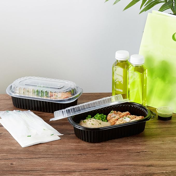 RW Base 32 Ounce Meal Prep Containers, 50 Microwavable To Go Containers With Lids - Disposable, Freezable, Black Plastic Oval Food Containers, Pack Hot And Cold Food, For Takeaway - Restaurantware