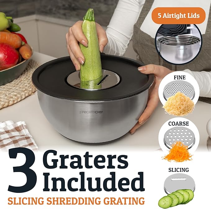 Priority Chef 28Pc Stainless Steel Mixing Bowls with Lids Set, Non-Slip Base, Air Tight Lids, 3 Graters and Utensil Set, Large Metal Nesting Bowls for Kitchen, Black