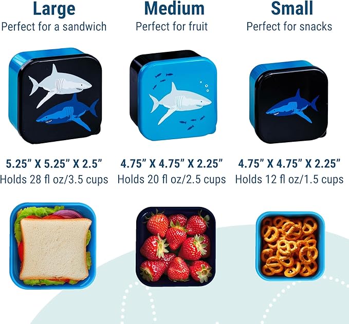 Wildkin Nesting Food Containers for Kids – Stackable, Airtight & Dishwasher Safe - Set of 3 - Sharks