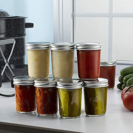 Paksh Novelty Glass Regular Mouth Mason Jars, 8 Oz Jars with Silver Metal Airtight Lids for Meal Prep, Dry Food Storage, Canning, Drinking, for Overnight Oats, Jelly, Spices, Salads, Yogurt (6 Pack)