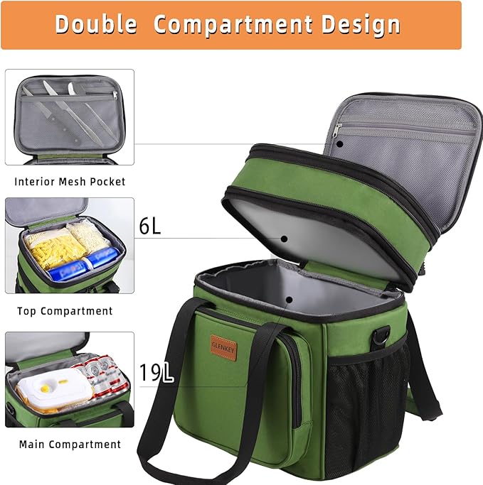 Expandable XLarge Lunch Box, Insulated Heavy Duty Lunch Bag Waterproof Leakproof Durable Cooler Bag for Men Women Adults Work Construction Camping Trip, 22L, Army Green