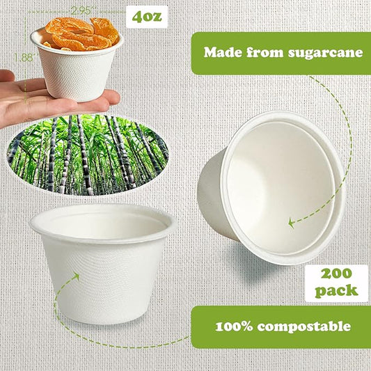 ECOLipak 200 Pack 4 oz Compostable Portion Cups, 100% Biodegradable Souffle Cups, Disposable Paper Cups for Condiment Samples