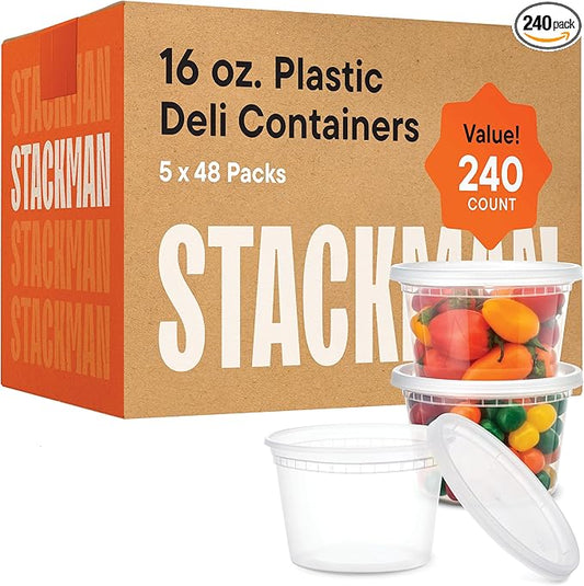 Stack Man [240 Sets - 16 oz.] Clear Plastic Deli Food Storage Containers with Airtight Lids - Soup Containers - Bulk Pack - 240/Case Brand