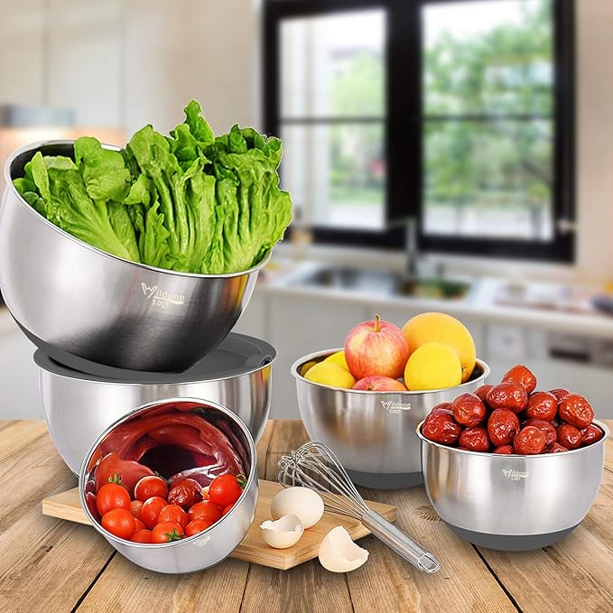 Wildone Mixing Bowls with Lids Set, 5PCS Stainless Steel Grey Nesting Bowls with 3 Grater Attachments, Measurement Marks & Non-Slip Bottoms, Size 5, 3, 2, 1.5, 0.63 QT, Great for Mixing & Serving