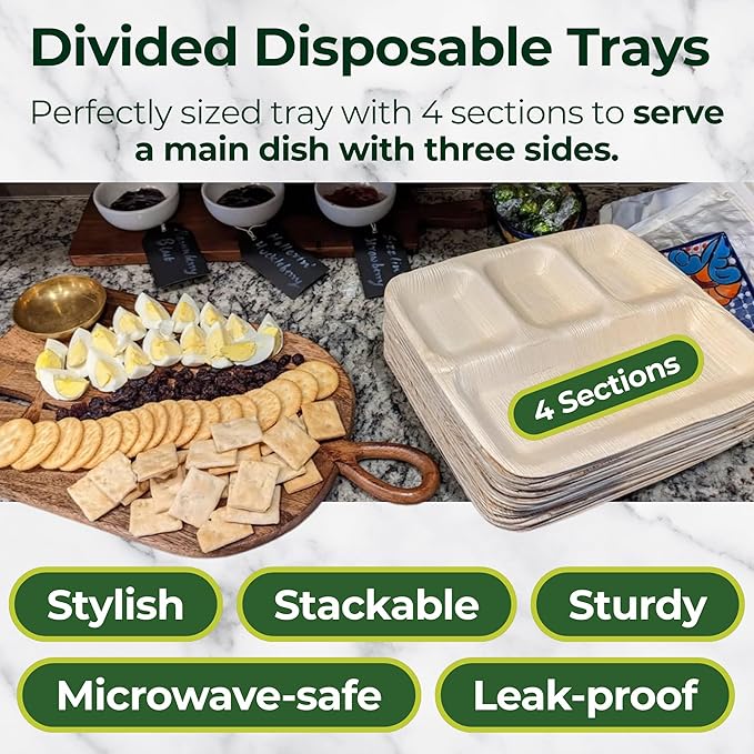 Palm Leaf Compartment Plate Disposable 11x9 Inch (50 Pc.) Bamboo Divided Plate look Compostable Portion Plates For Lunch Canteens, Picnic, Birthday | Sturdy Alternate to Paper Sectional Plates