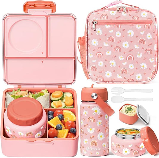 Fimibuke Bento Box for Kids Adult - Leakproof 3-4 Compartments Lunch Bento Box Set with Insulated Thermos Food Jar, Water Bottle, Lunch Bag, Sauce Cup & Cutlery for Toddler Teen Shcool Girl Boy Age 3+