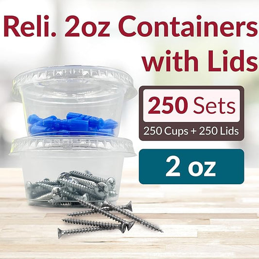 Reli. 2 oz Small Containers with Lids (250 Sets) | Jello Shot Cups with Lids | Clear Plastic Condiment Containers | Portion Cups, Sauce, Souffle | Stackable | Bulk