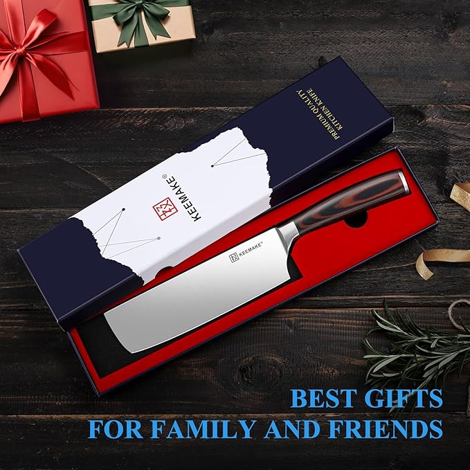 KEEMAKE Nakiri Knife 7 Inch - Sharp Kitchen Knife with High Carbon Stainless Steel Blade, Meat Cleaver Vegetable Cooking Knife with Ergonomic Pakkawood Handle and Gift Box Included