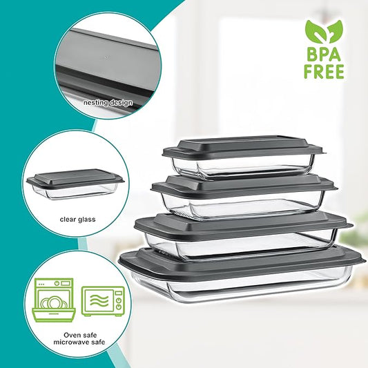 Sorbus 8-Piece Glass Baking Dish Set with Lids – BPA-Free, Airtight, and Safe for Dishwasher, Oven, and Freezer – Includes 4 Sizes for Meal Prep, Portion Control, Lasagna, and Healthy Eating