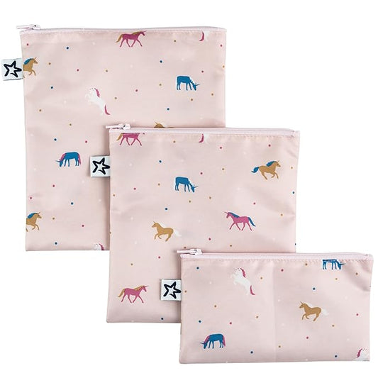 Tiny Twinkle 3 Pack Reusable Snack Bags - Machine Washable, PFAS, PVC, BPA, Phthalate-Free Reusable Baby and Toddler Food Safe Snack Bags (Unicorn)