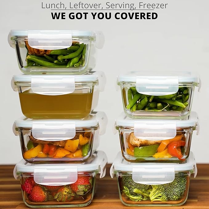 Razab 16 Pc (Set of 8) 30 Oz Glass Food Storage Containers with Lids, Airtight Large Reusable Leak Proof BPA Free Food Prep Containers, Freezer to Oven Safe